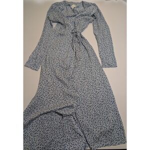 HM Blue Floral Wrap Midi Dress Long Sleeve V-Neck Daisy Print Womens XS